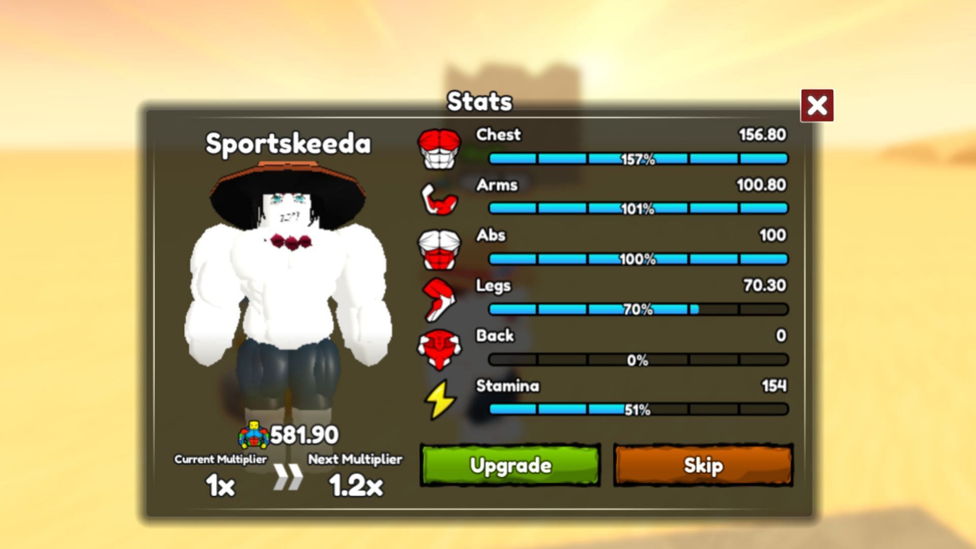 Use the Upgrade button to increase your multipliers (Image via Roblox)